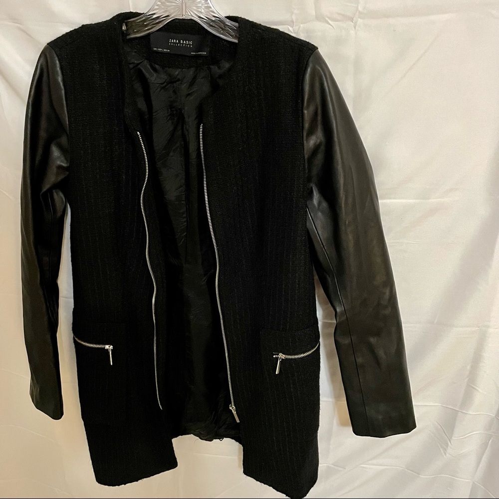Large Black Tweed Jacket with leather arms.